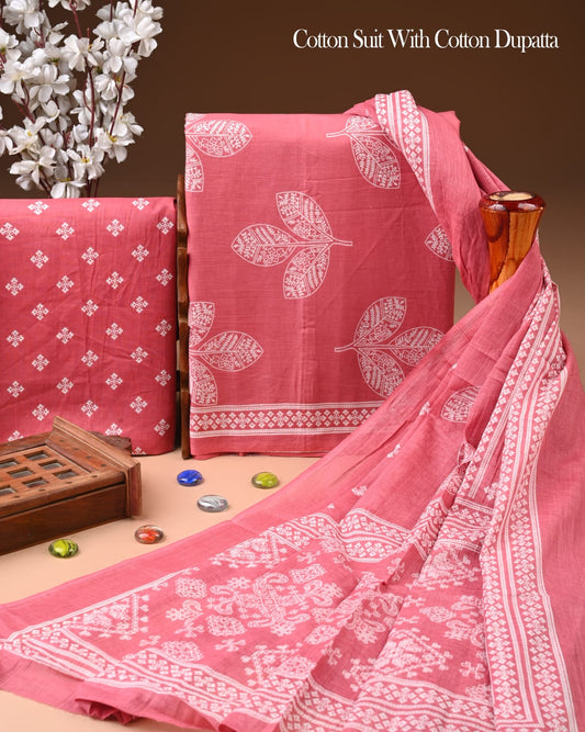 Designer Hand Block Printed Cotton Suit Set With Cotton Dupatta