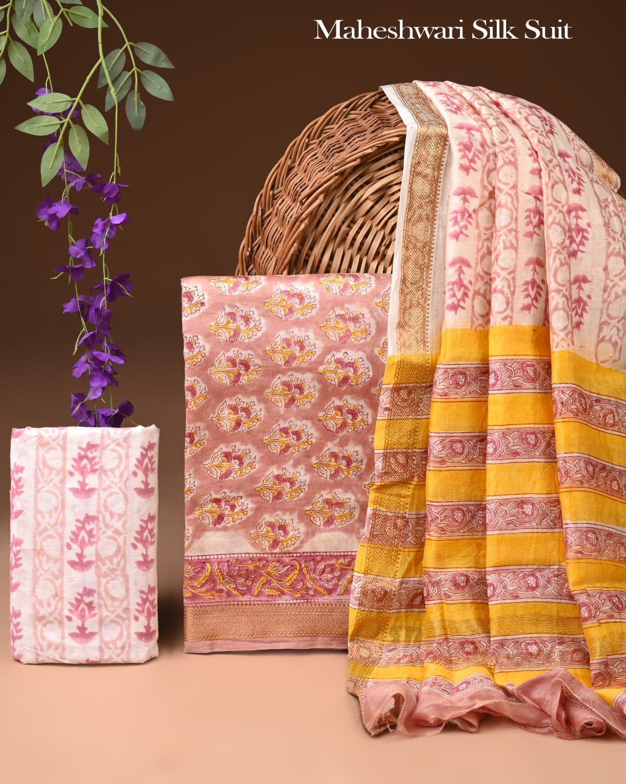 Premium Designer Handblock Printed Maheshwari Silk Suit Set