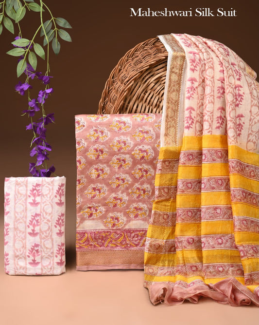 Premium Designer Handblock Printed Maheshwari Silk Suit Set