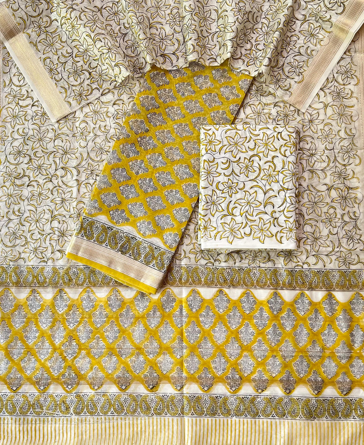 Premium Designer Handblock Printed Maheshwari Silk Suit Set