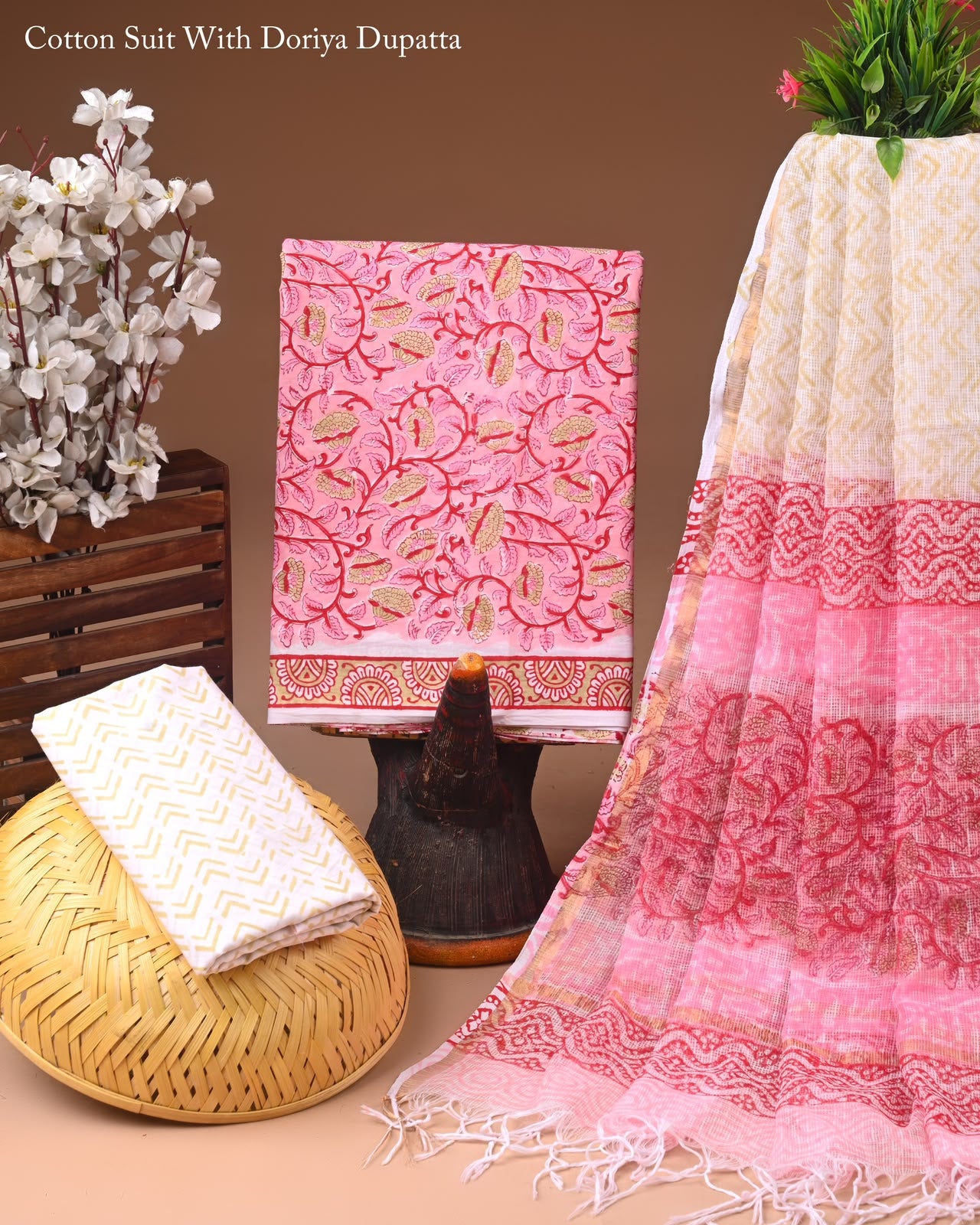 Pure Cotton Hand Block Printed Suit Set With Kota Doria Dupatta