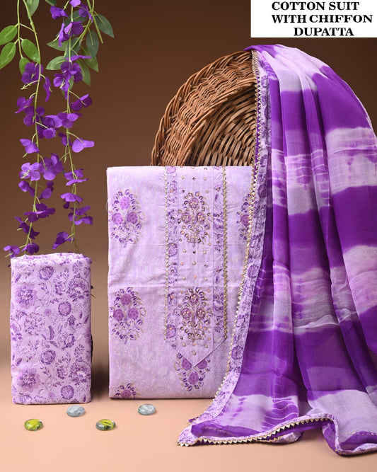 Premium Gota Patti Work Cotton Suit Set With Chiffon Dupatta