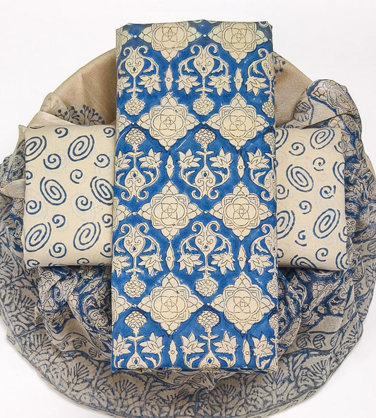 Pure Cotton Hand Block Printed Suit Set With Chiffon Dupatta