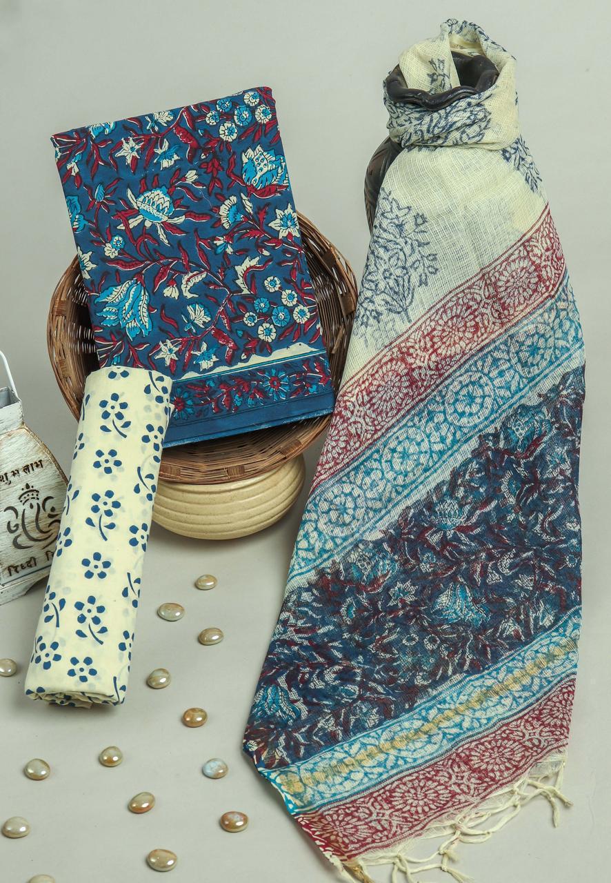 Pure Cotton Hand Block Printed Suit Set With Kota Doria Dupatta