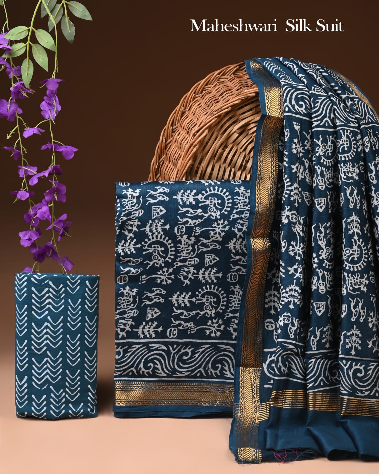 Premium Designer Handblock Printed Maheshwari Silk Suit Set