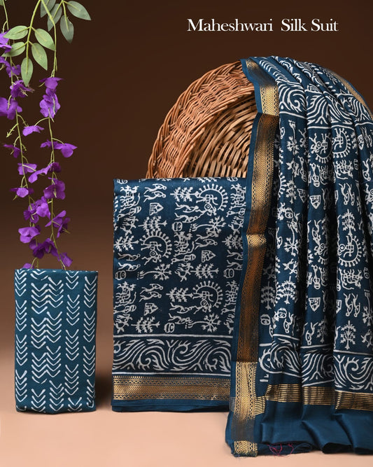 Premium Designer Handblock Printed Maheshwari Silk Suit Set