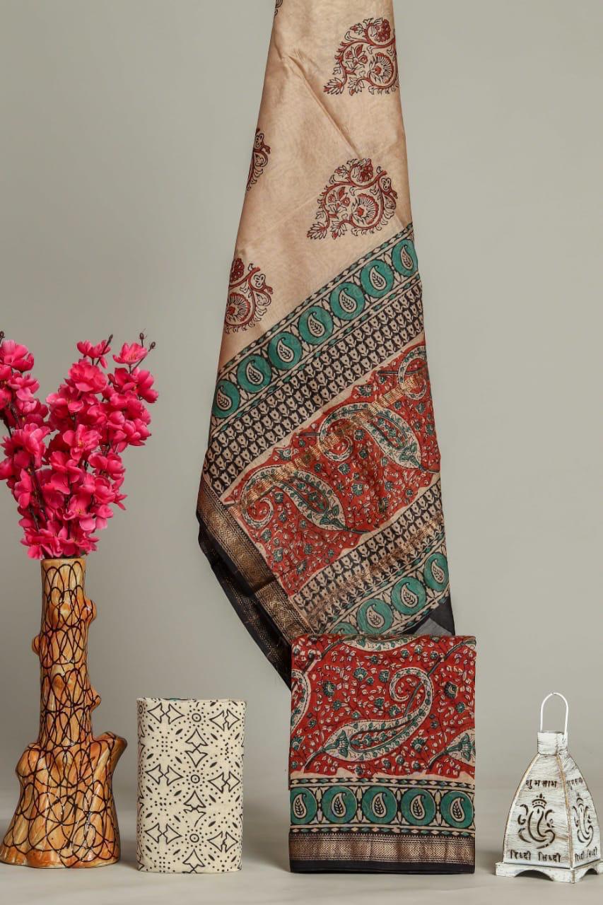 Premium Designer Handblock Printed Maheshwari Silk Suit Set