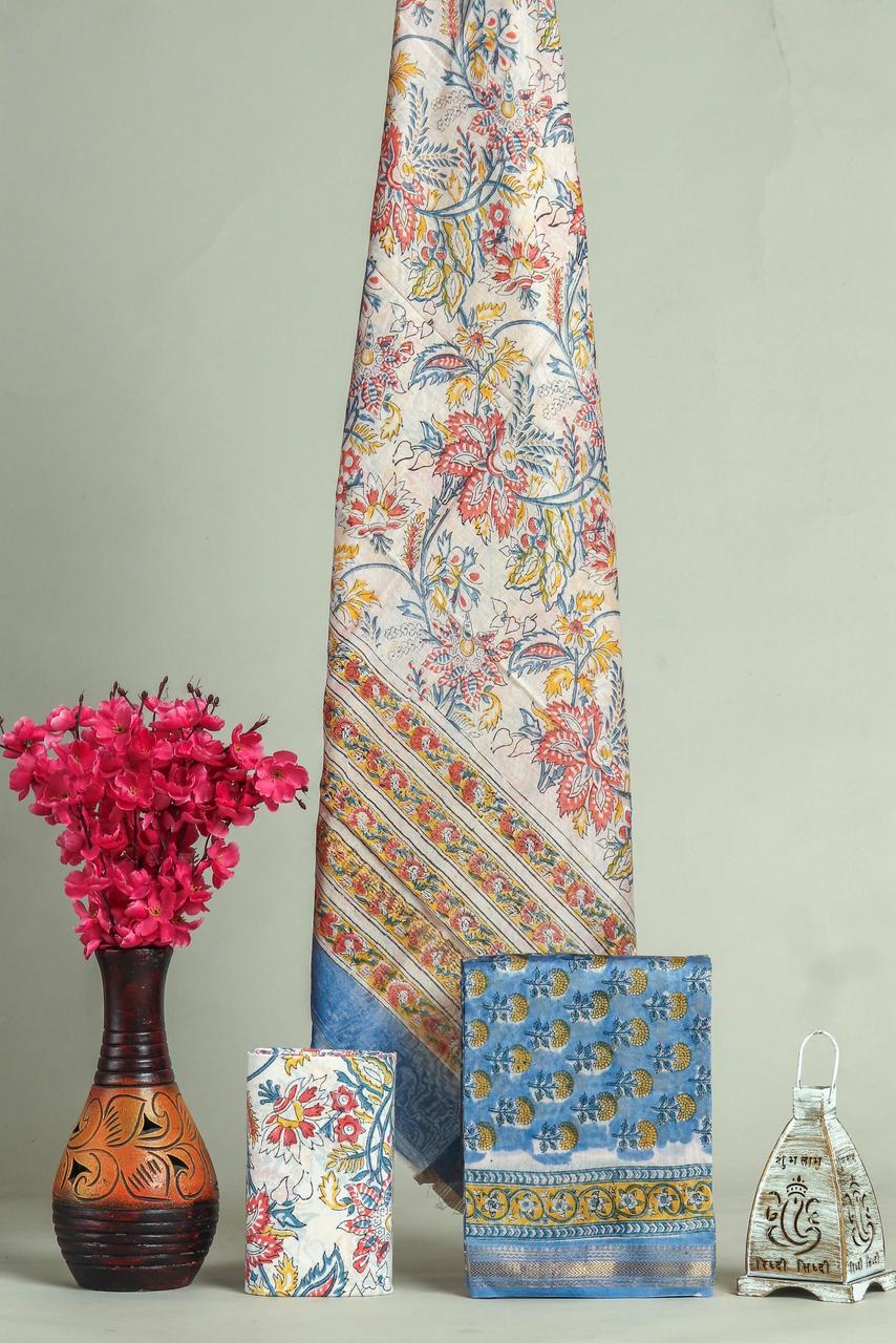 Premium Designer Handblock Printed Maheshwari Silk Suit Set