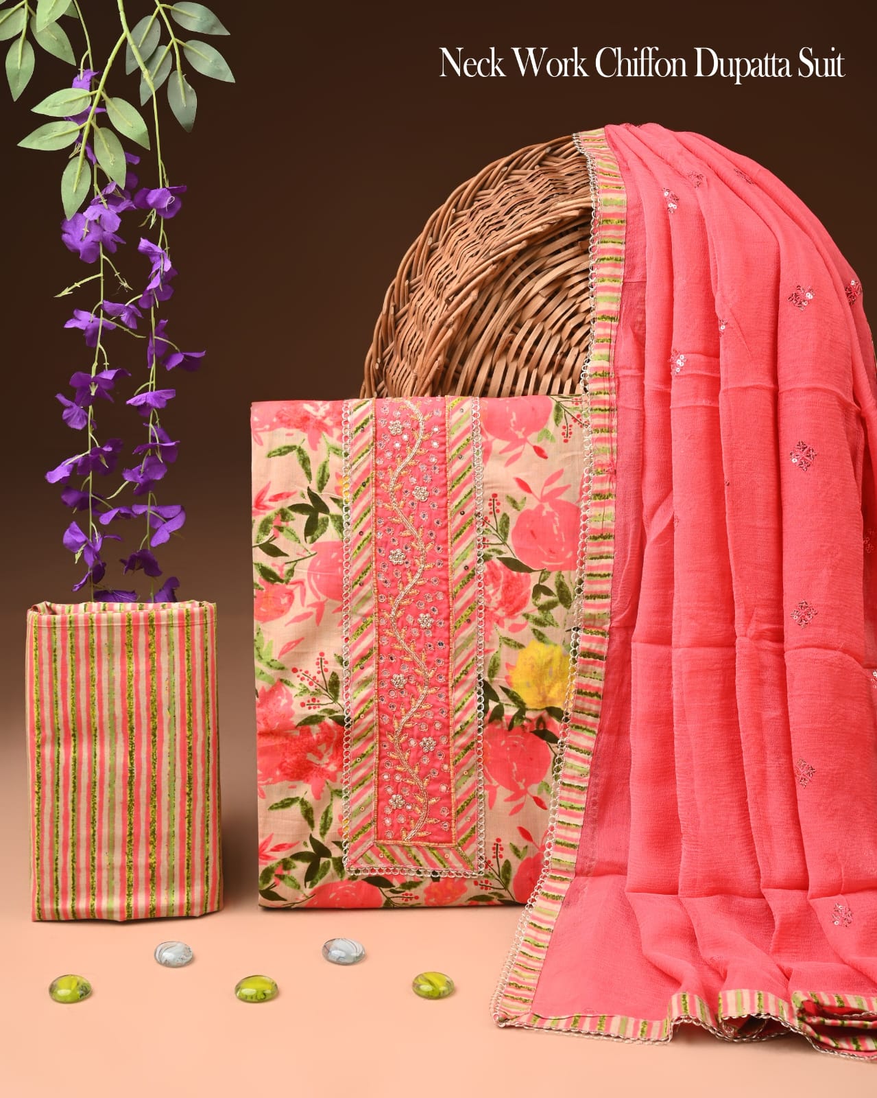Premium Gota Patti Work Cotton Suit Set With Chiffon Dupatta