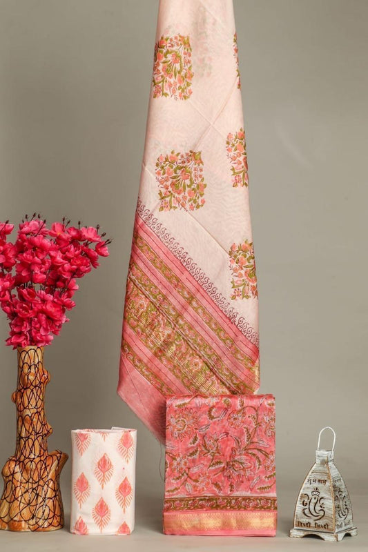Designer Handblock Printed Maheshwari Silk Suit Set