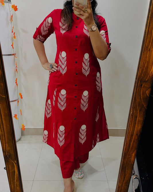 Premium Floral Fine Cotton Printed A-Line Pattern Kurti-Palazzo Set