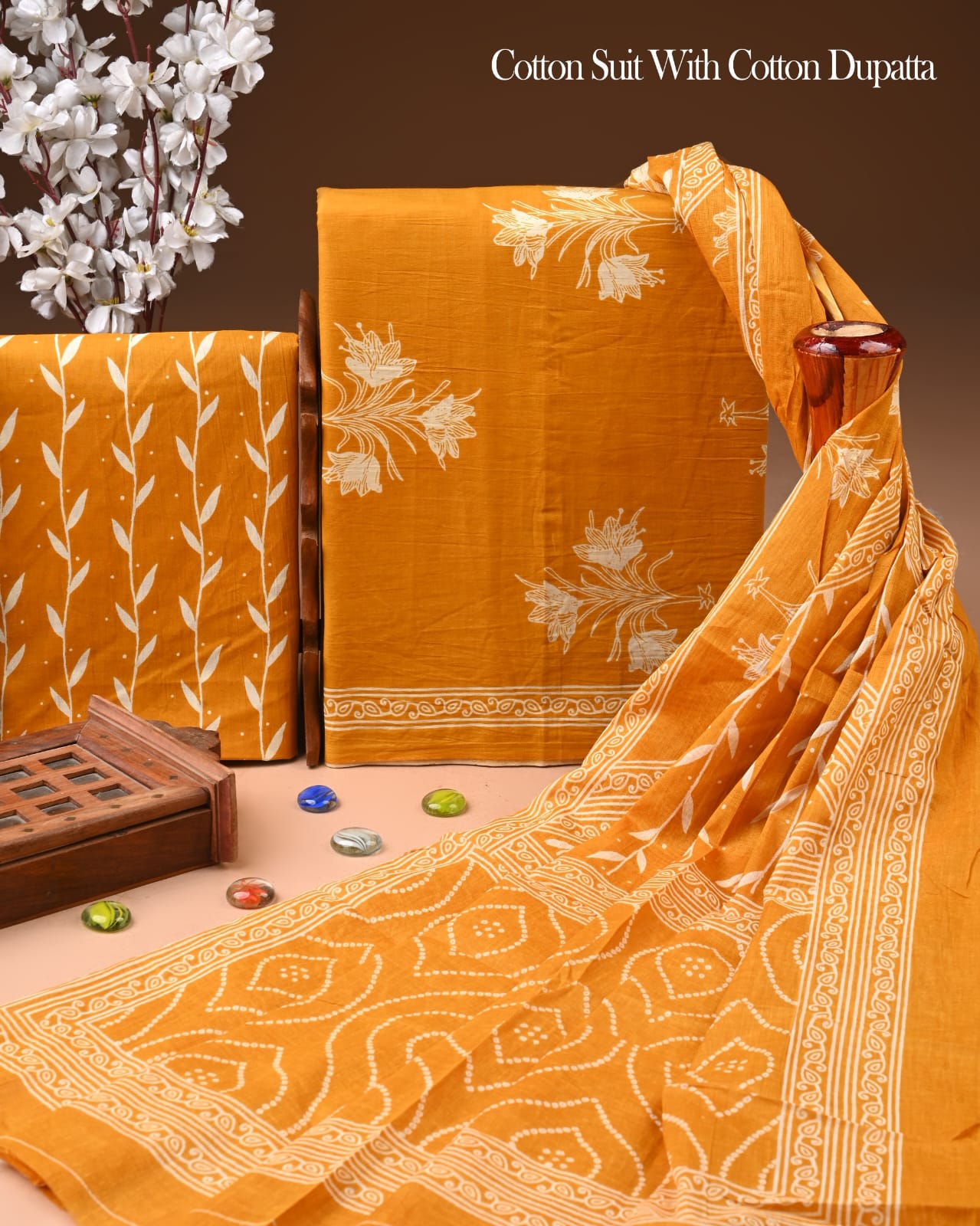 Designer Hand Block Printed Cotton Suit Set With Cotton Dupatta
