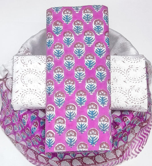 Pure Cotton Hand Block Printed Suit Set With Chiffon Dupatta