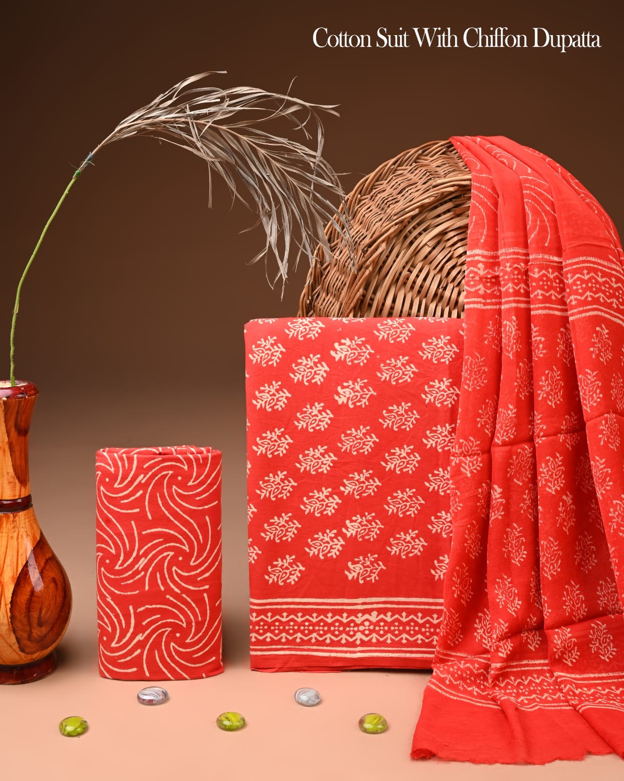 Pure Cotton Hand Block Printed Suit Set With Chiffon Dupatta