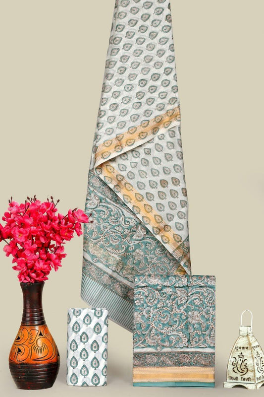 Designer Handblock Printed Maheshwari Silk Suit Set