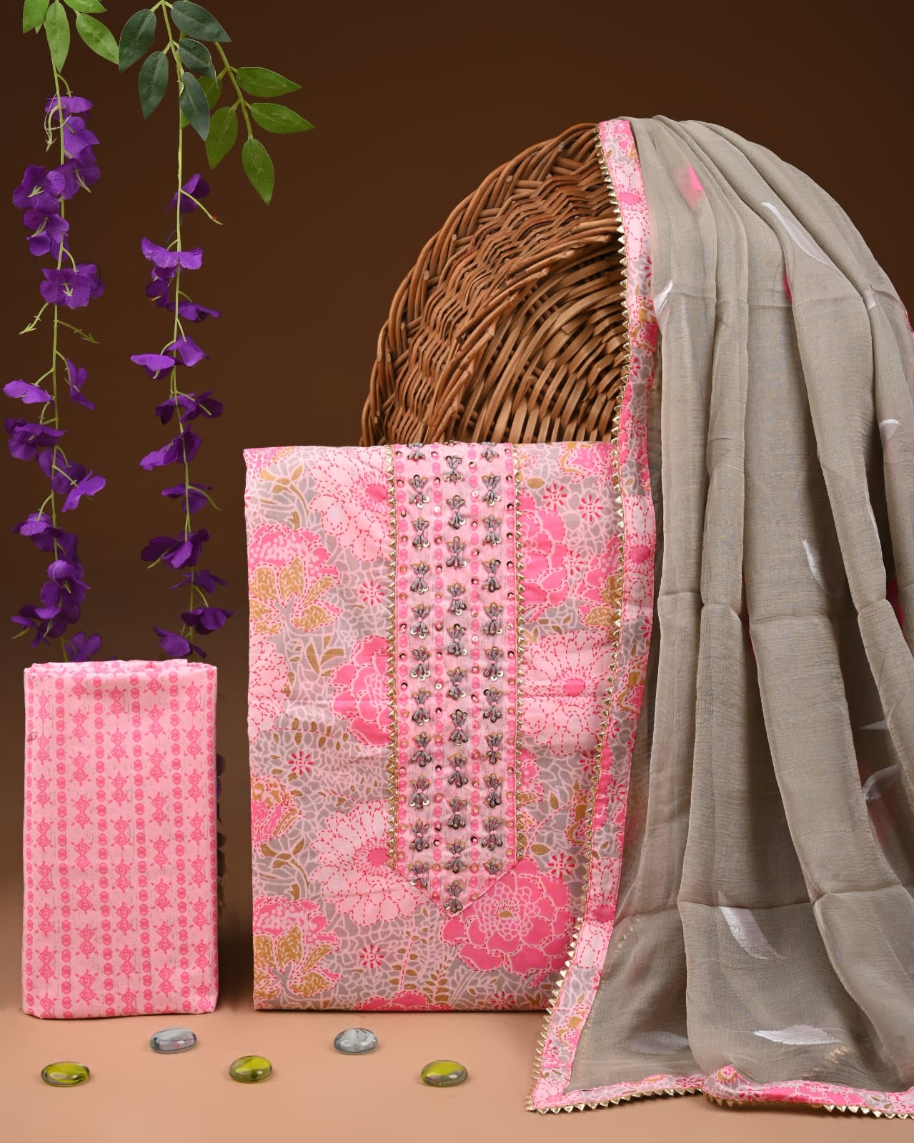 Premium Gota Patti Work Cotton Suit Set With Chiffon Dupatta