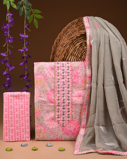 Premium Gota Patti Work Cotton Suit Set With Chiffon Dupatta