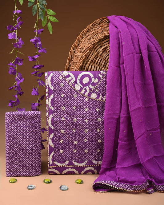Premium Gota Patti Work Cotton Suit Set With Chiffon Dupatta