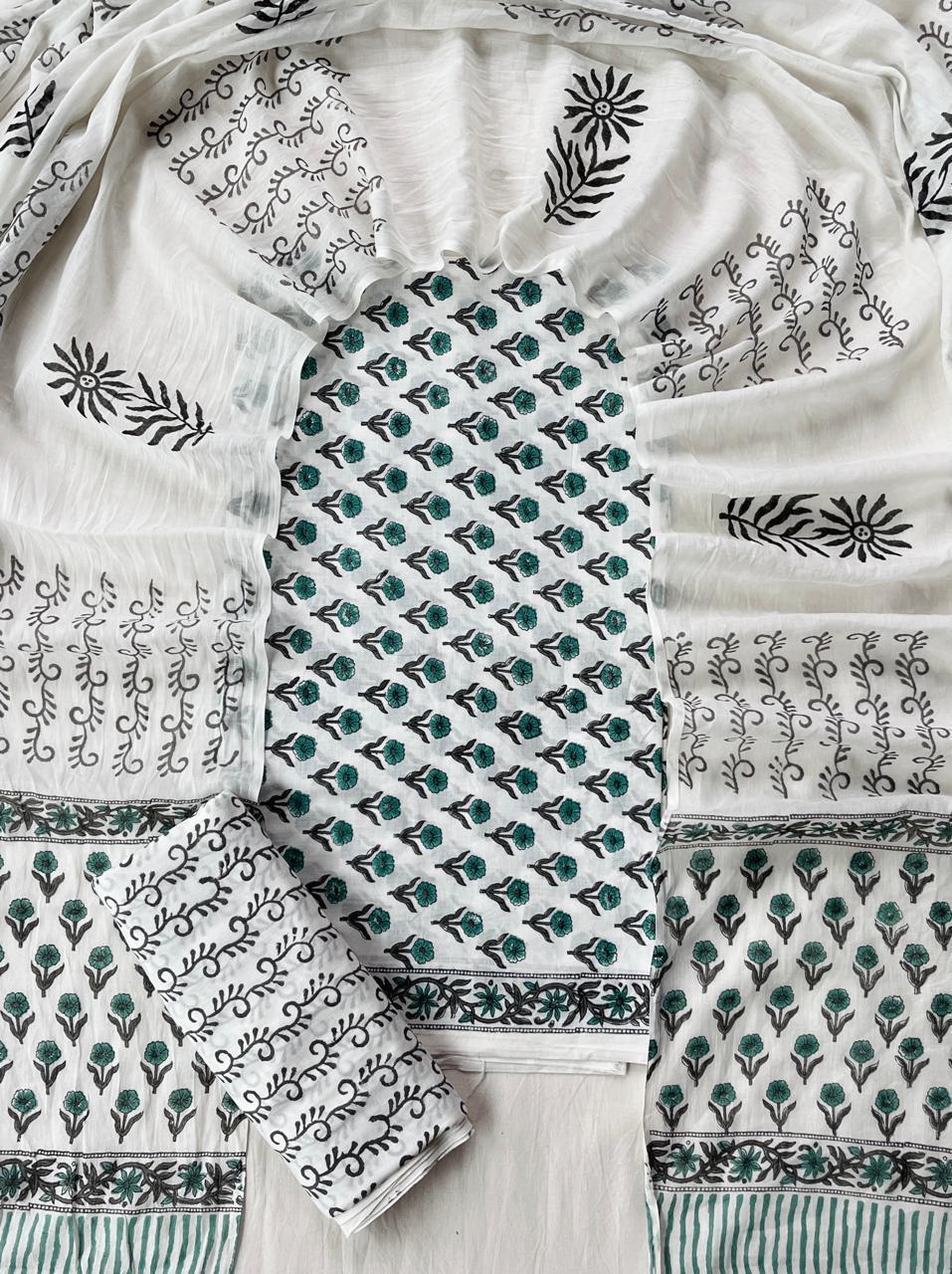 Pure Soft Cotton Hand Block Printed Suit Set With Cotton Dupatta