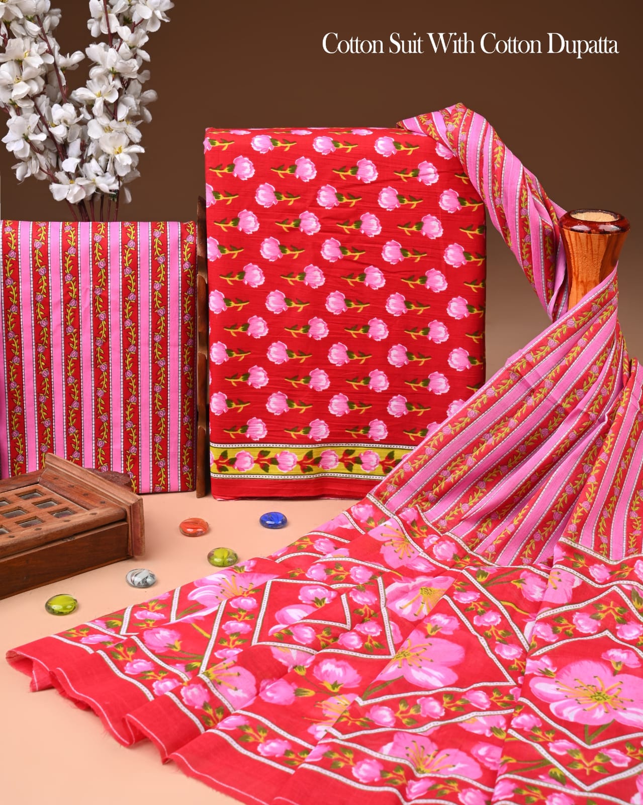 Designer Hand Block Printed Cotton Suit Set With Cotton Dupatta