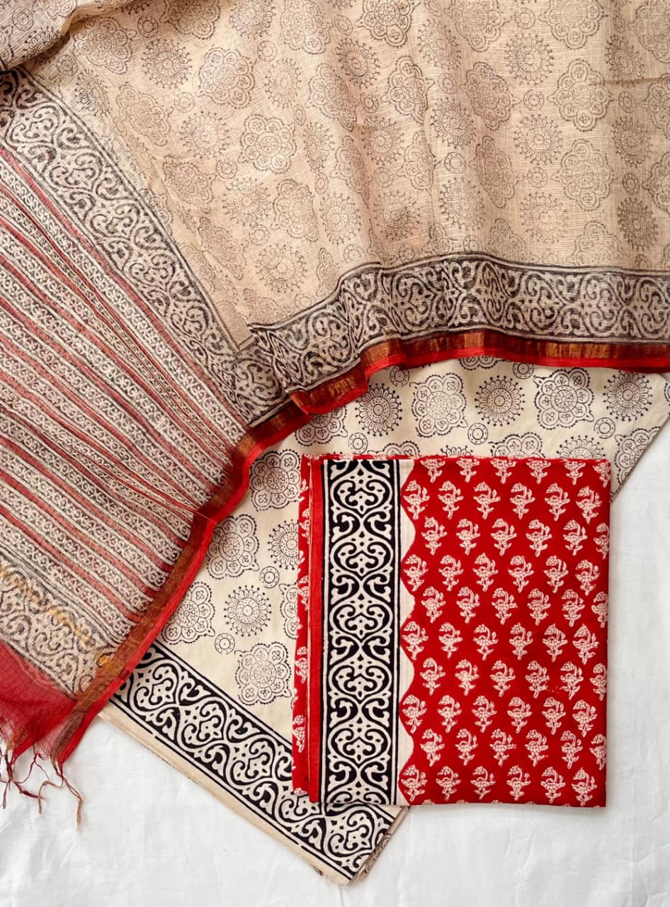 Pure Cotton Hand Block Printed Suit Set With Kota Doria Dupatta