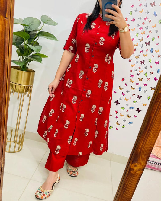 Premium Floral Fine Cotton Printed A-Line Pattern Kurti-Palazzo Set