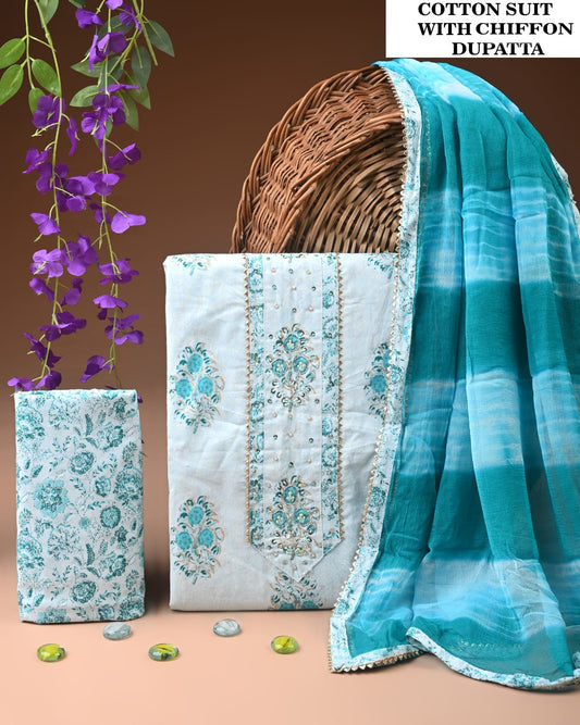 Premium Gota Patti Work Cotton Suit Set With Chiffon Dupatta