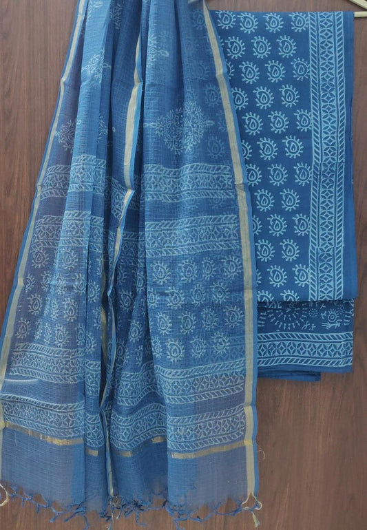 Pure Cotton Hand Block Printed Suit Set With Kota Doria Dupatta