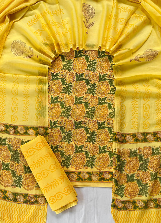 Pure Soft Cotton Hand Block Printed Suit Set With Cotton Dupatta