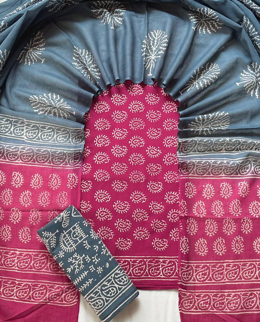 Pure Soft Cotton Hand Block Printed Suit Set With Cotton Dupatta