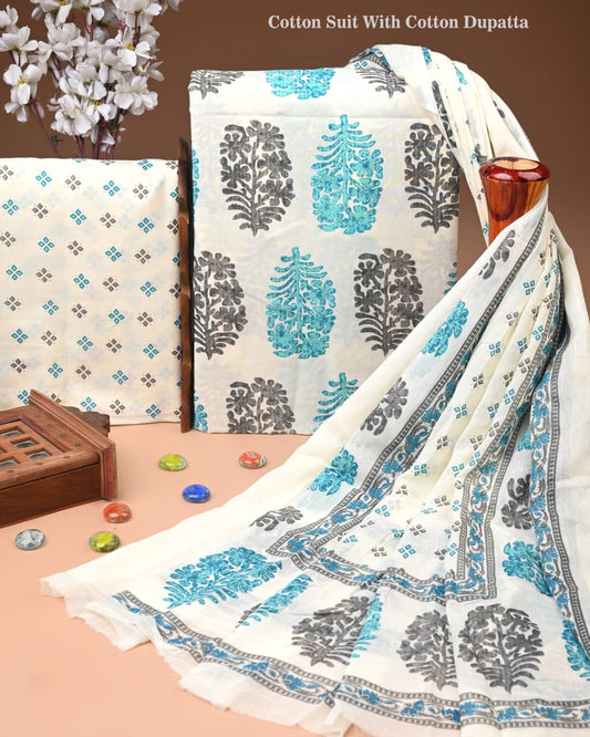 Designer Hand Block Printed Cotton Suit Set With Cotton Dupatta