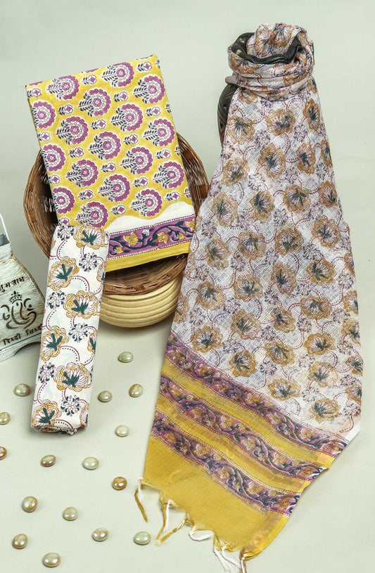 Pure Cotton Hand Block Printed Suit Set With Kota Doria Dupatta