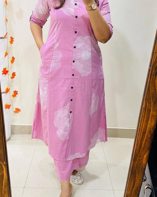 Premium Floral Fine Cotton Printed A-Line Pattern Kurti-Palazzo Set