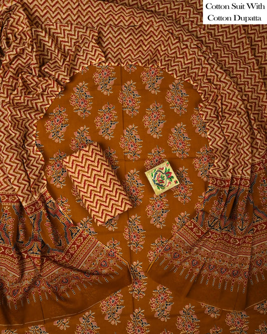 Designer Hand Block Printed Cotton Suit Set With Cotton Dupatta