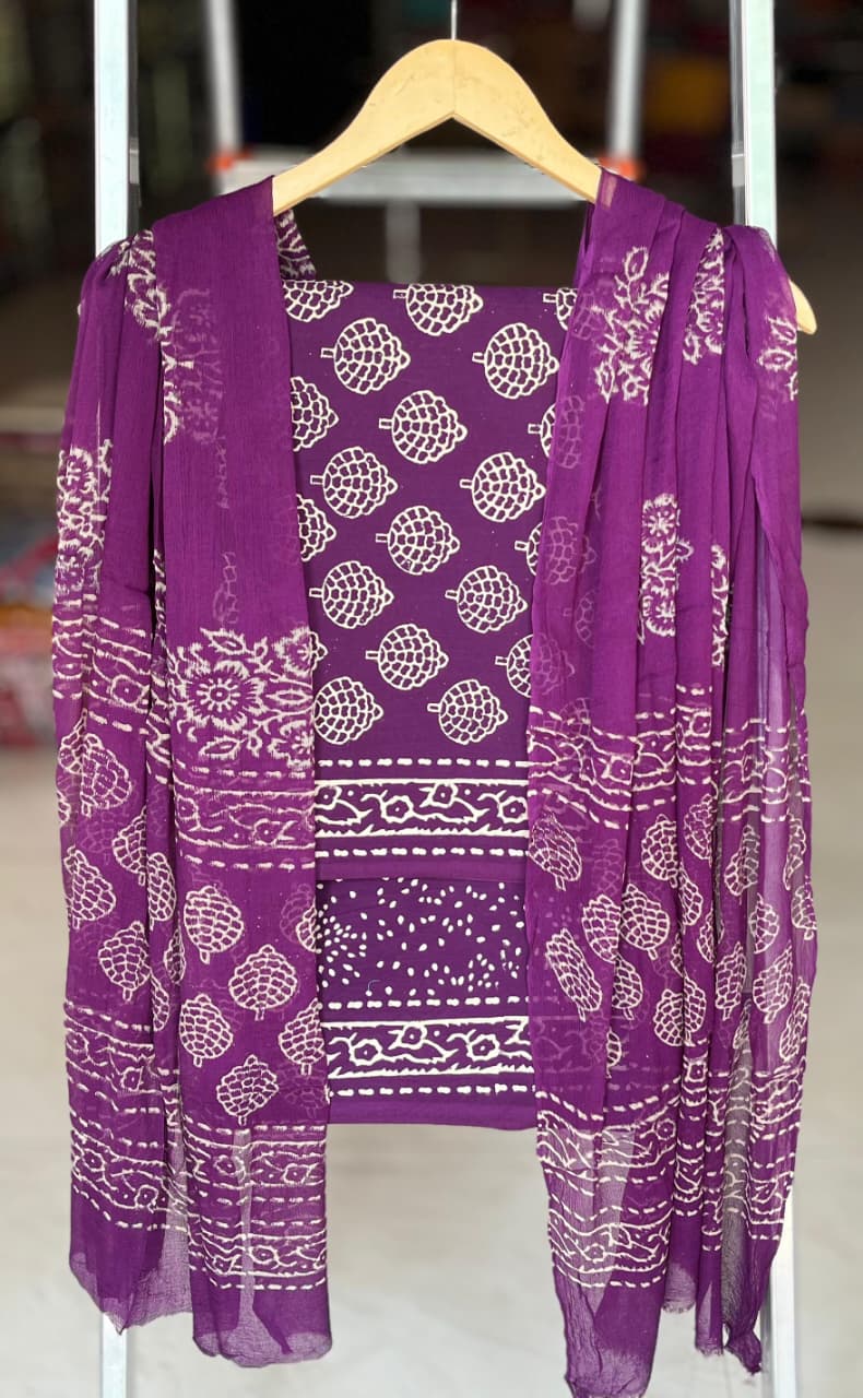 Pure Cotton Hand Block Printed Suit Set With Chiffon Dupatta