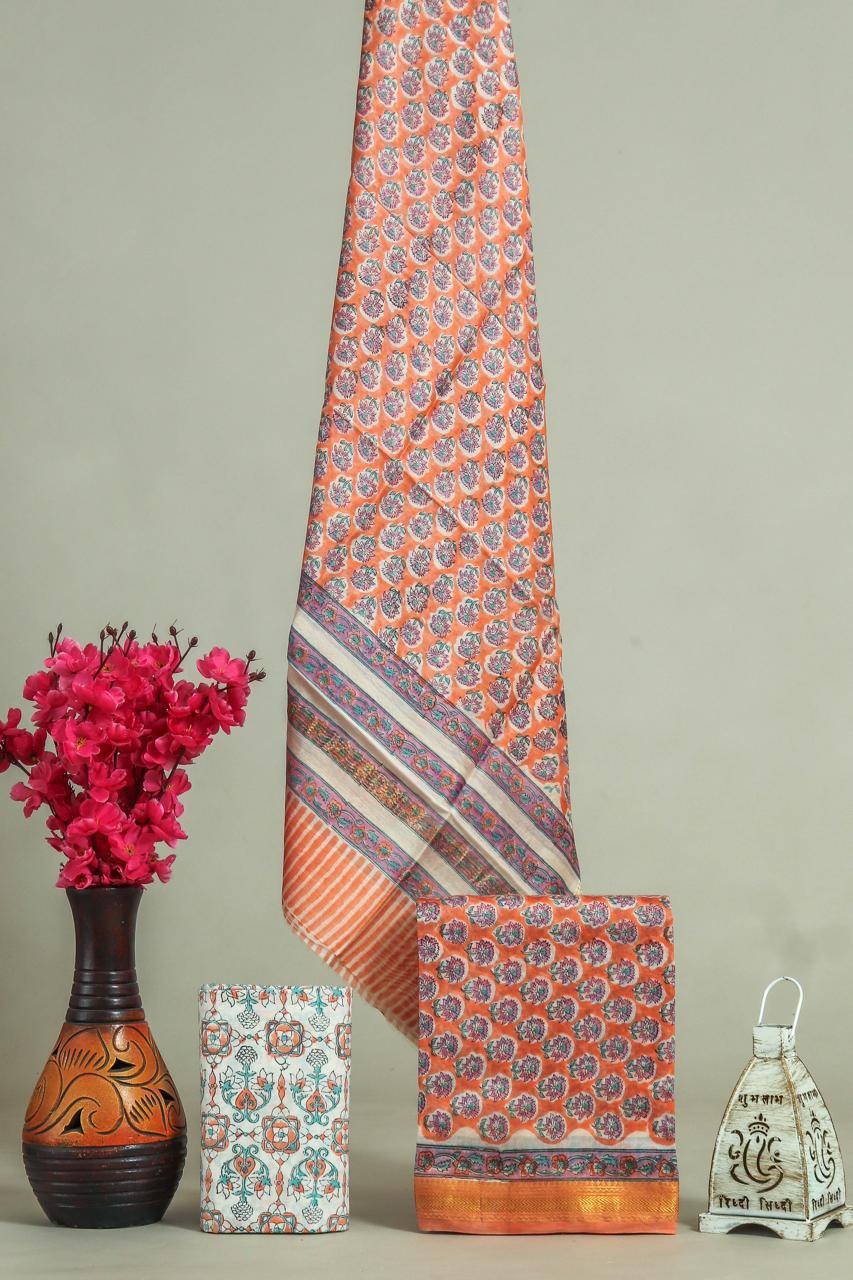 Premium Designer Handblock Printed Maheshwari Silk Suit Set