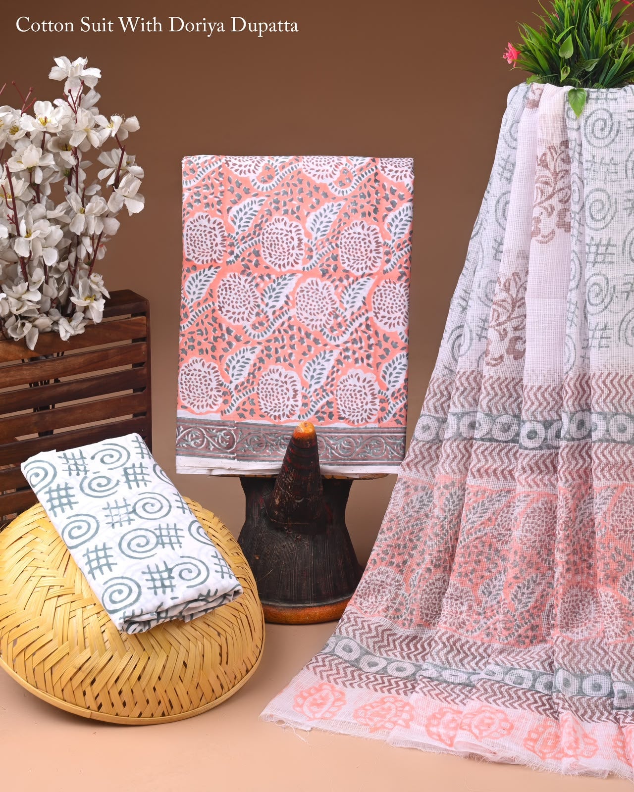 Pure Cotton Hand Block Printed Suit Set With Kota Doria Dupatta