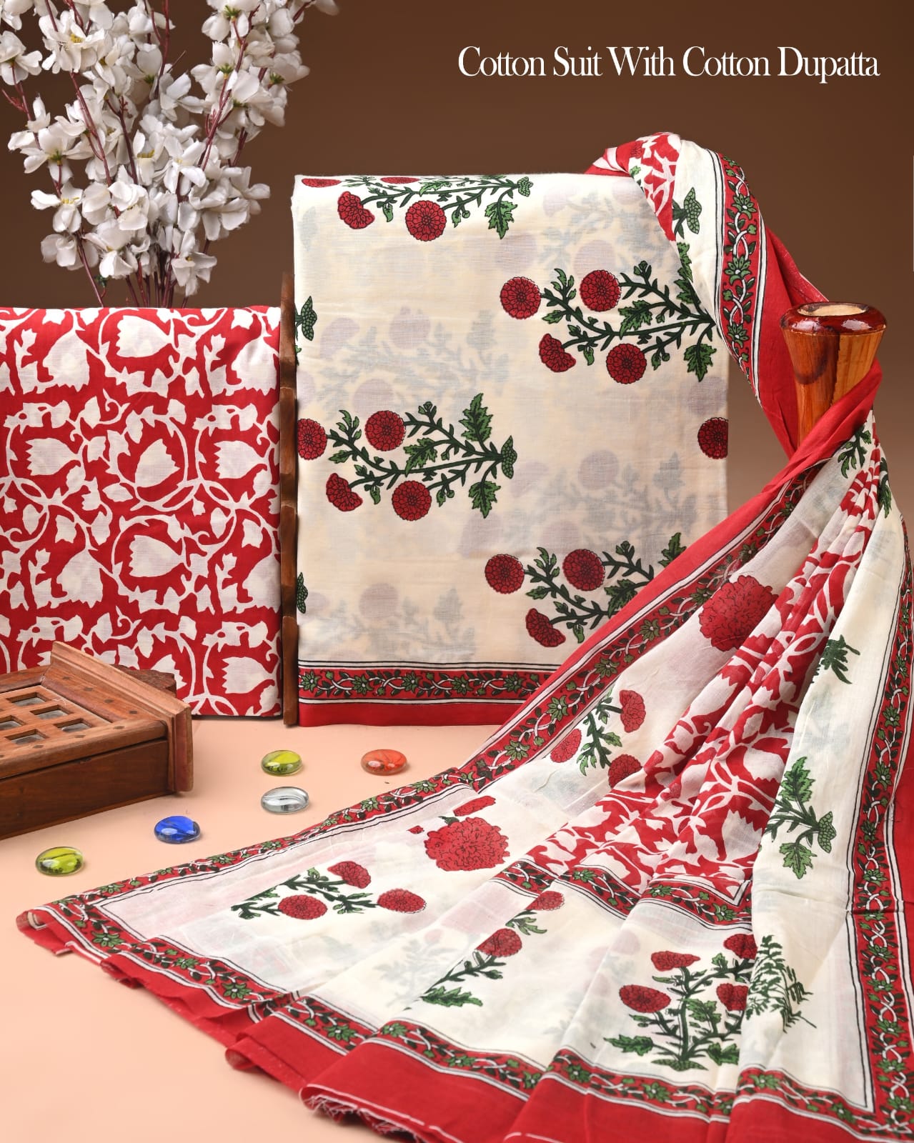 Pure Soft Cotton Hand Block Printed Suit Set With Cotton Dupatta