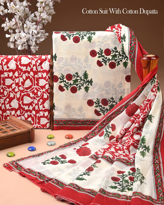 Pure Soft Cotton Hand Block Printed Suit Set With Cotton Dupatta