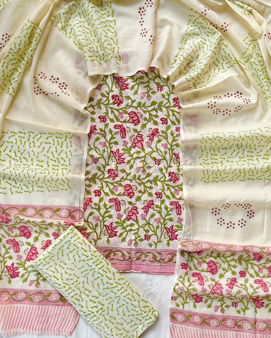 Pure Soft Cotton Hand Block Printed Suit Set With Cotton Dupatta