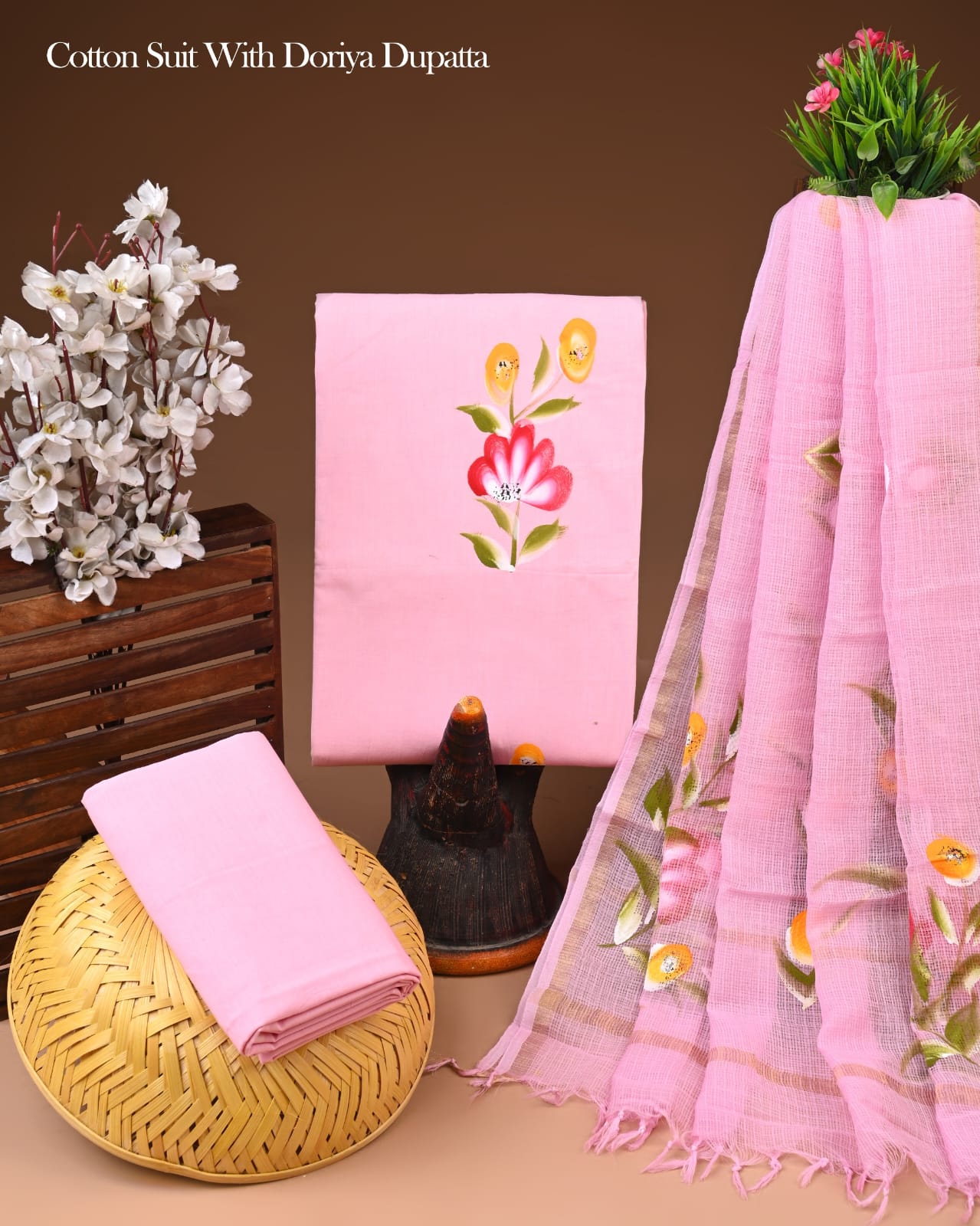 Pure Cotton Hand Block Printed Suit Set With Kota Doria Dupatta