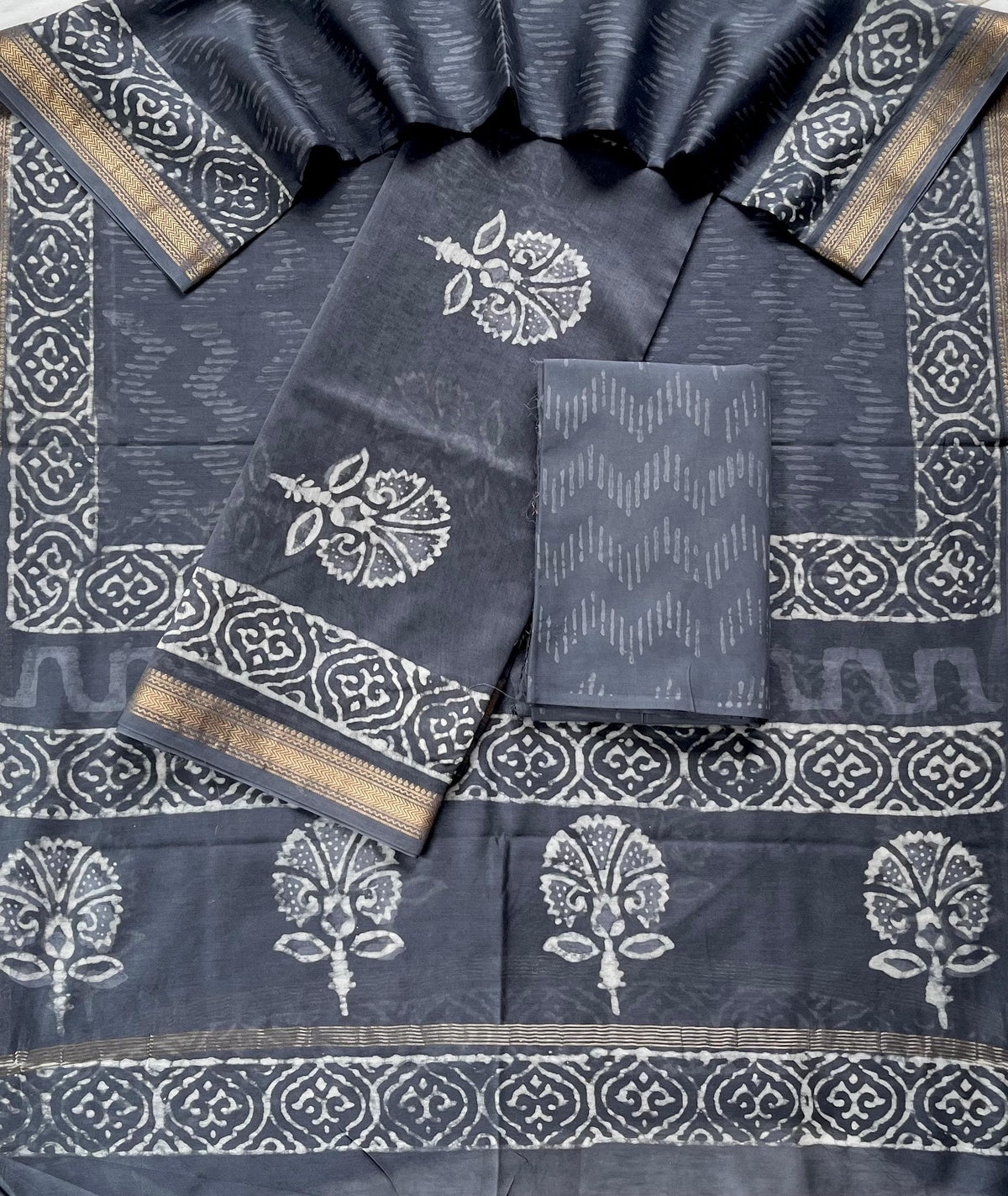 Premium Designer Handblock Printed Maheshwari Silk Suit Set