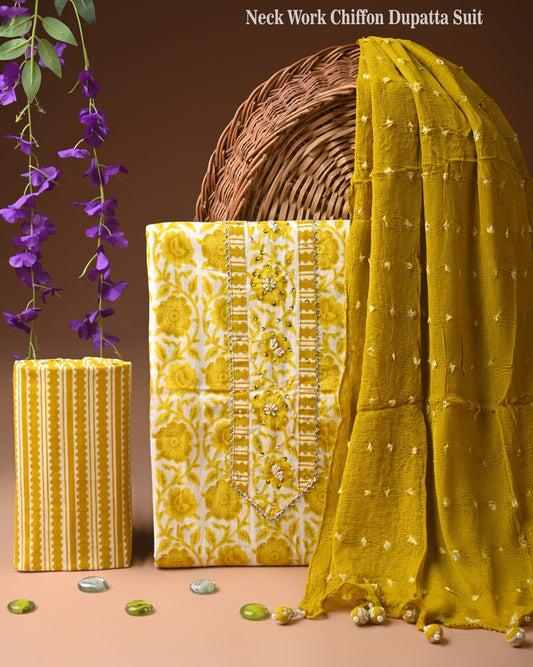 Premium Gota Patti Work Cotton Suit Set With Chiffon Dupatta