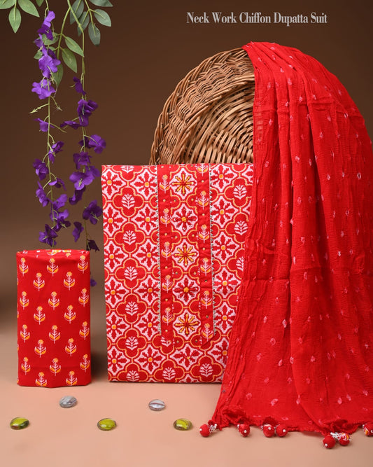 Premium Gota Patti Work Cotton Suit Set With Chiffon Dupatta