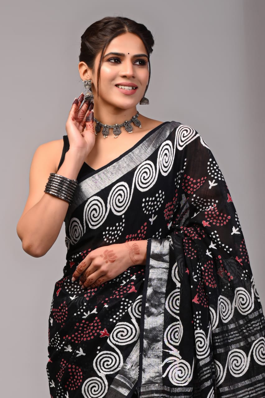 Pure Cotton Linen Handblock Printed Saree With Blouse