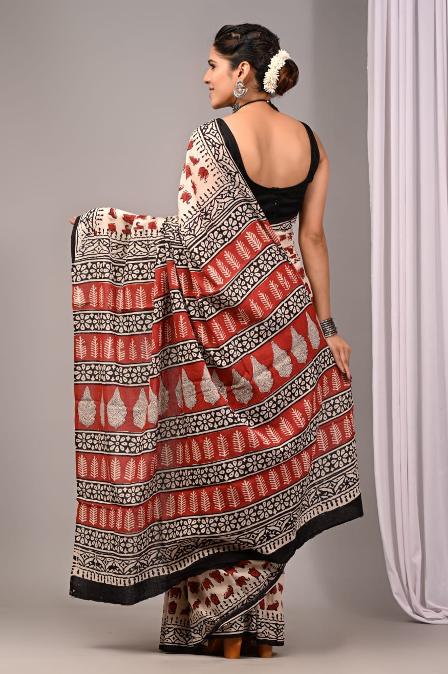Pure Soft Cotton Handblock Printed Saree With Blouse