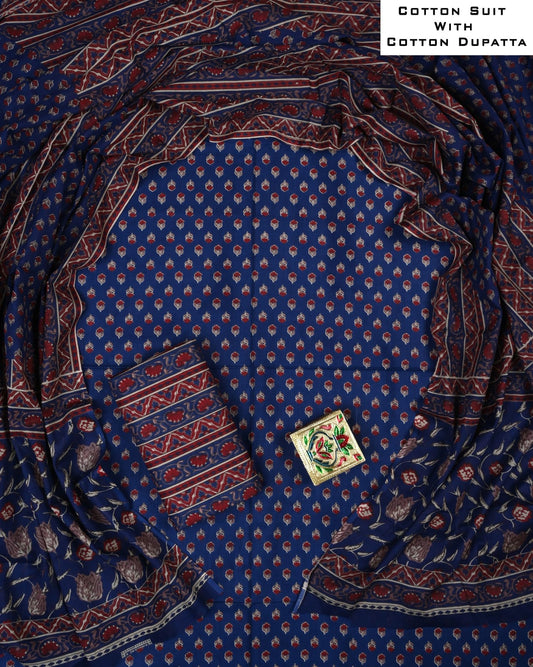 Designer Hand Block Printed Cotton Suit Set With Cotton Dupatta