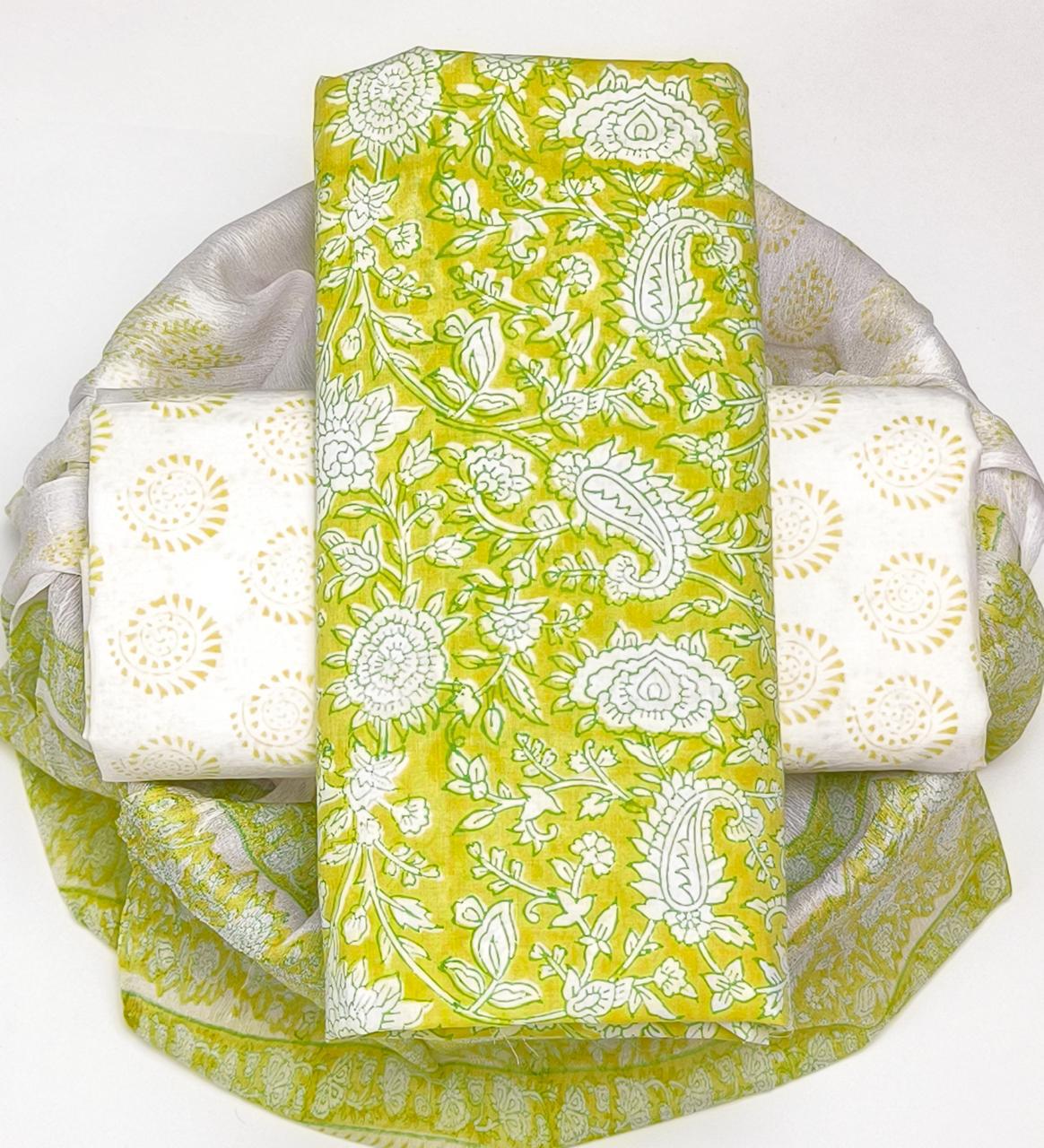 Pure Cotton Hand Block Printed Suit Set With Chiffon Dupatta