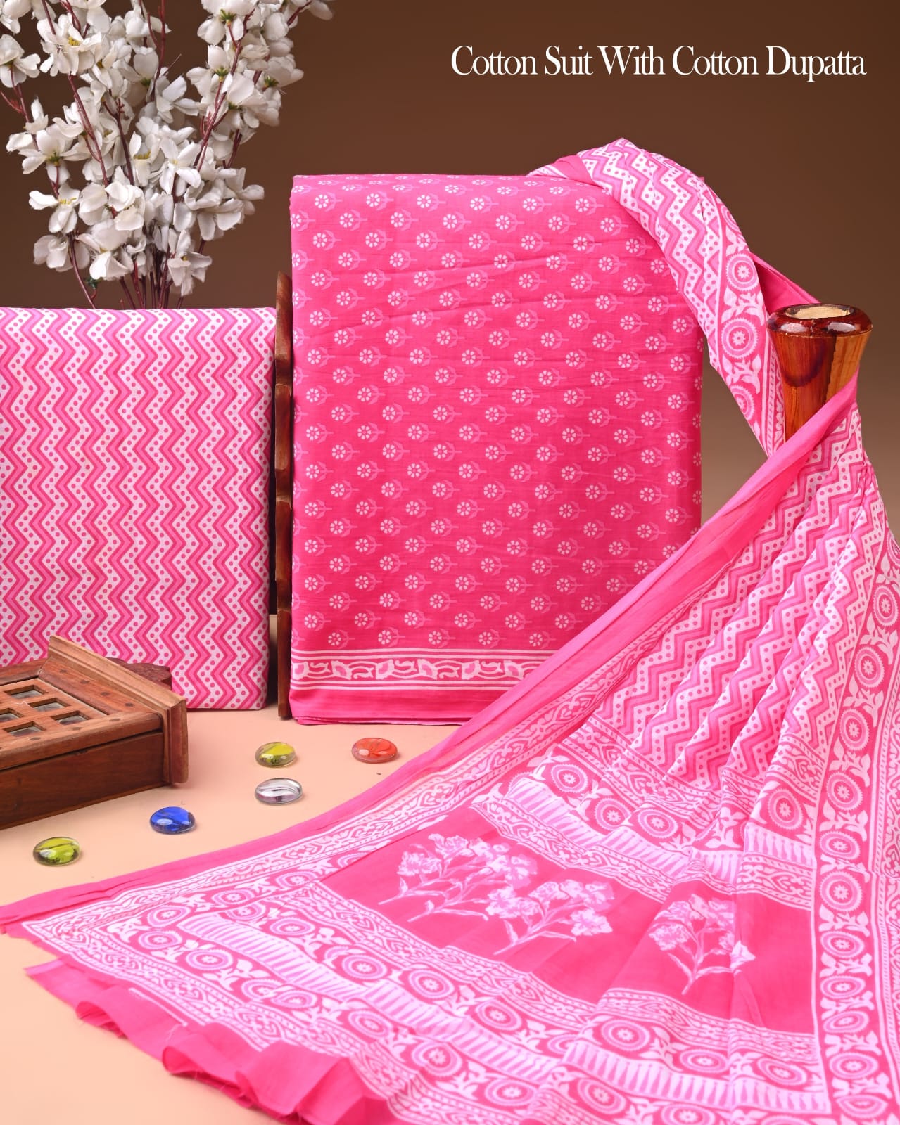 Pure Soft Cotton Hand Block Printed Suit Set With Cotton Dupatta