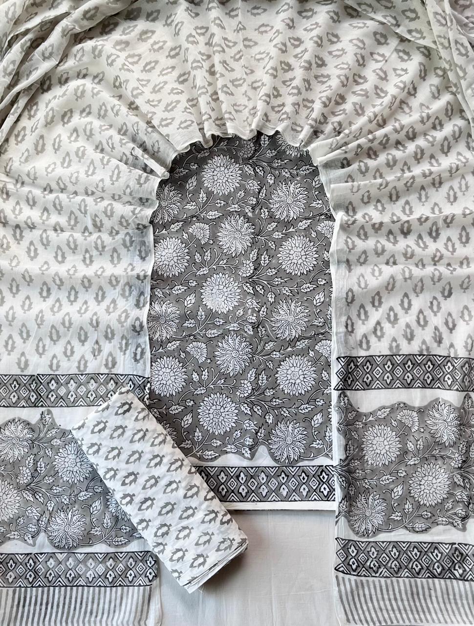 Pure Soft Cotton Hand Block Printed Suit Set With Cotton Dupatta